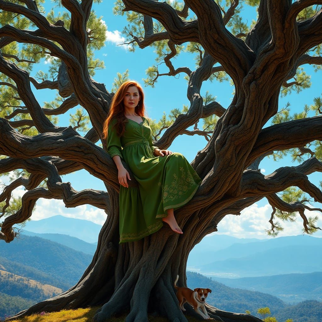 Woman in Oak Tree Crown: Fantasy Digital Art