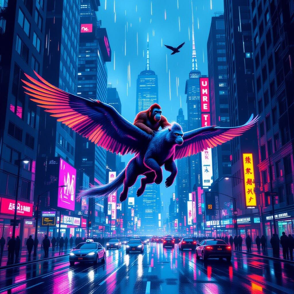 Cyberpunk Pegasus Flight Over Futuristic NYC With Orangutan ...