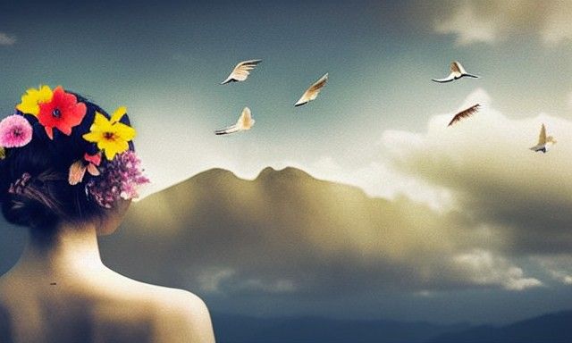 Ethereal Girl with Flowers in Hair in Cloudy Sky