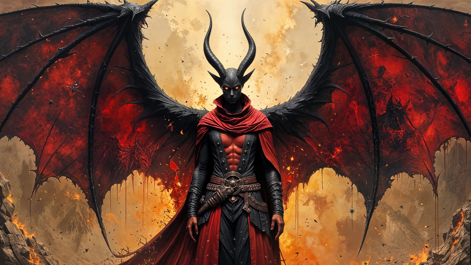 Tiefling Warrior in Dynamic Action Pose with Obsidian Sword