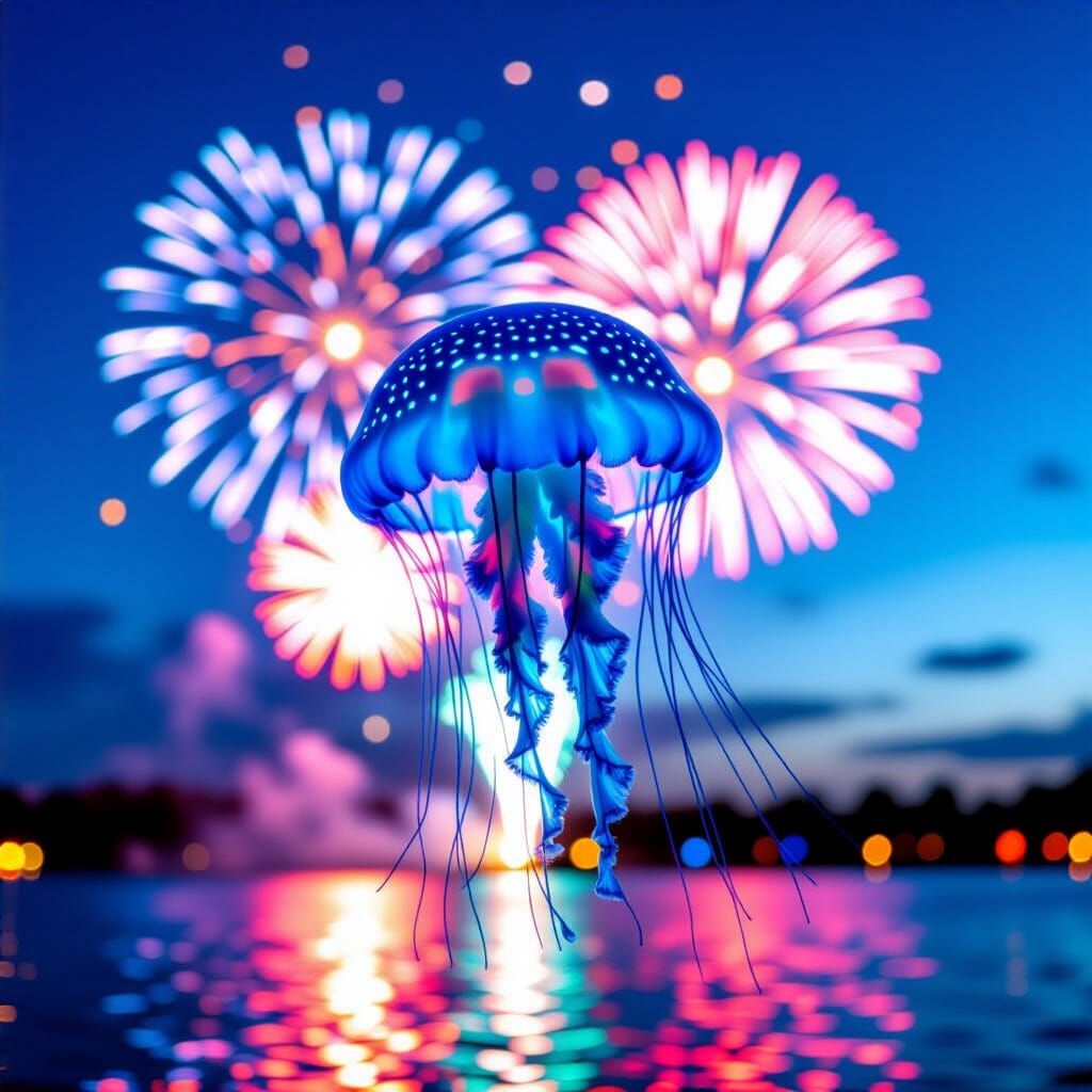 Jellyfish Silhouette Against Neon Fireworks Display