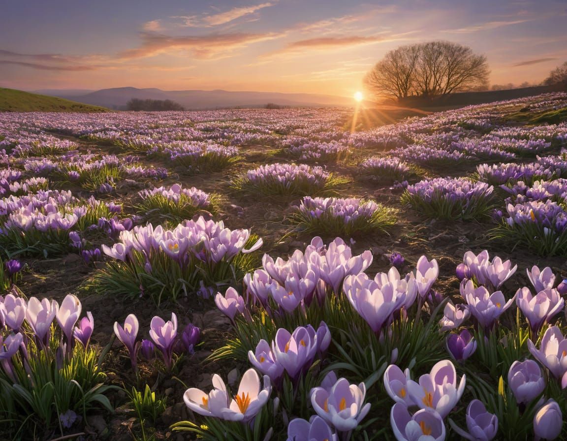 Spring Bloom of Vibrant Crocuses at Twilight