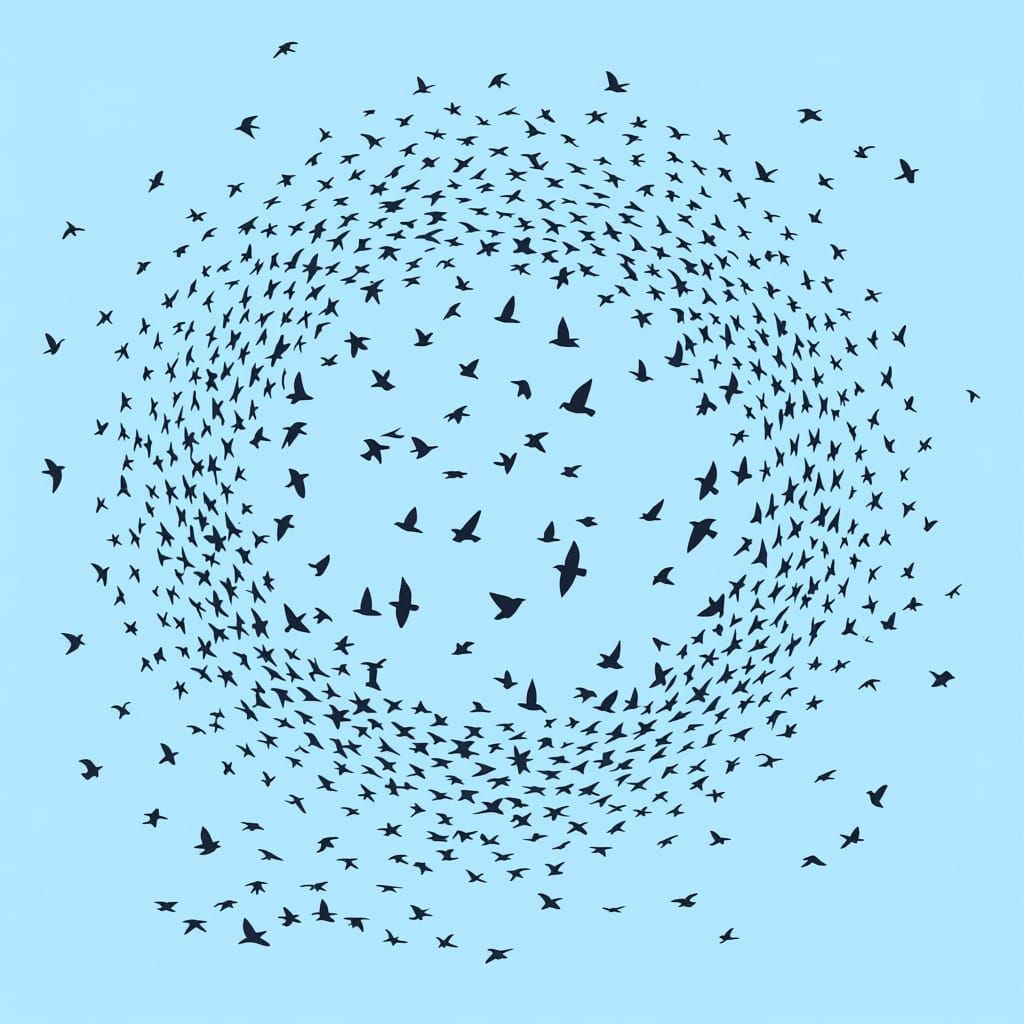 Vast Flock of Starlings as Dots in Pale Blue Sky