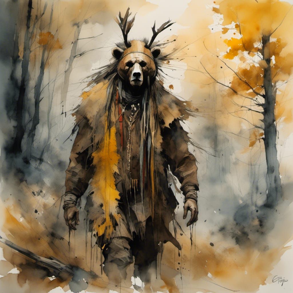 Native American Shaman in Watercolor Forest
