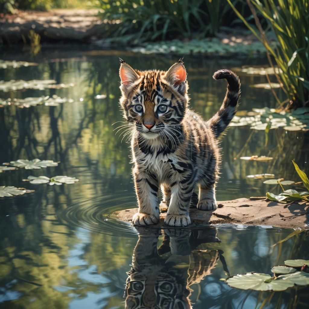 Kitten's Pond Reflection: A Digital Art Tiger