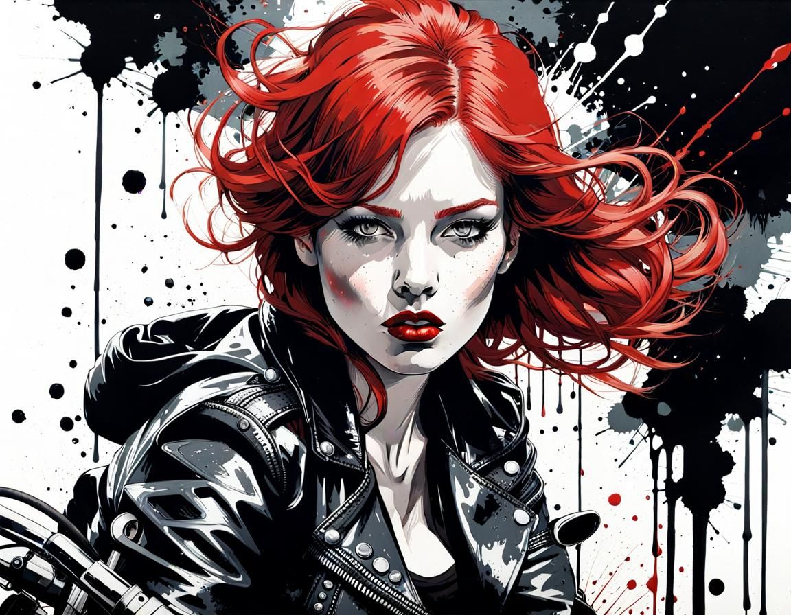 Redhead Rider: Ink Splatter Portrait in Black and White
