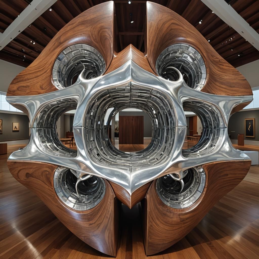 Exquisite Abstract Sculpture in Polished Wood and Silver
