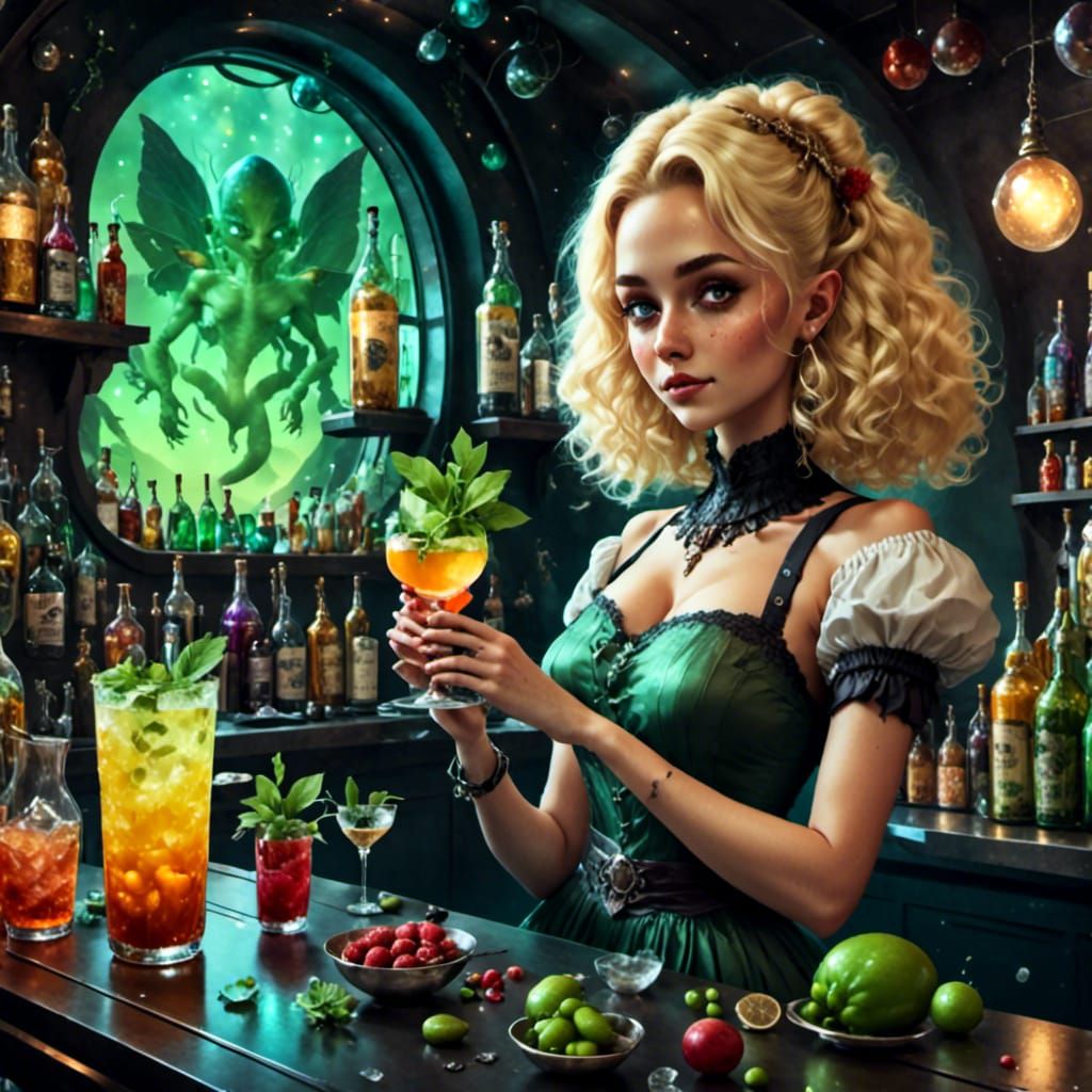 Blonde Mixologist in Space Cafe with Aliens