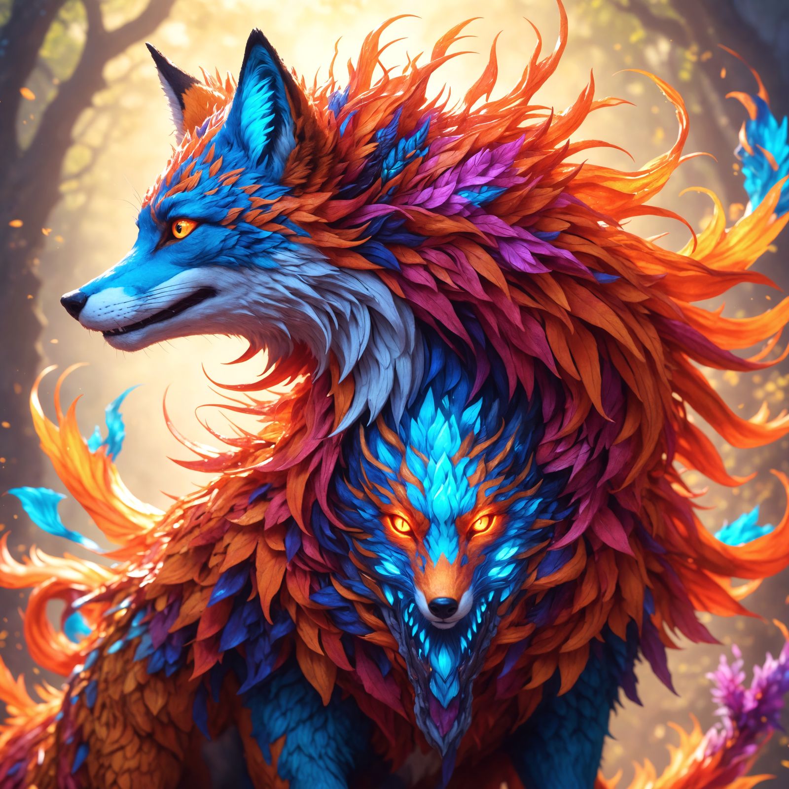 Mythical Fox-Dragon Hybrid in Vibrant Digital Art