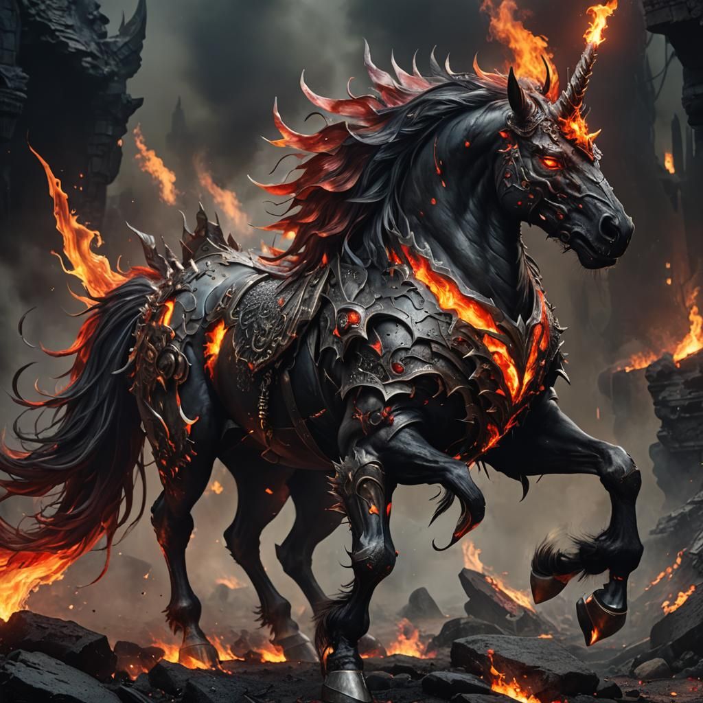 Demonic Unicorn with Flame Mane in Dark Fantasy Art