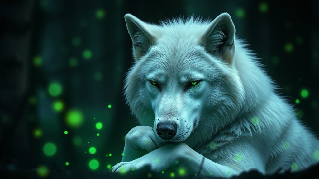 Melancholy White Wolf in Ethereal Forest