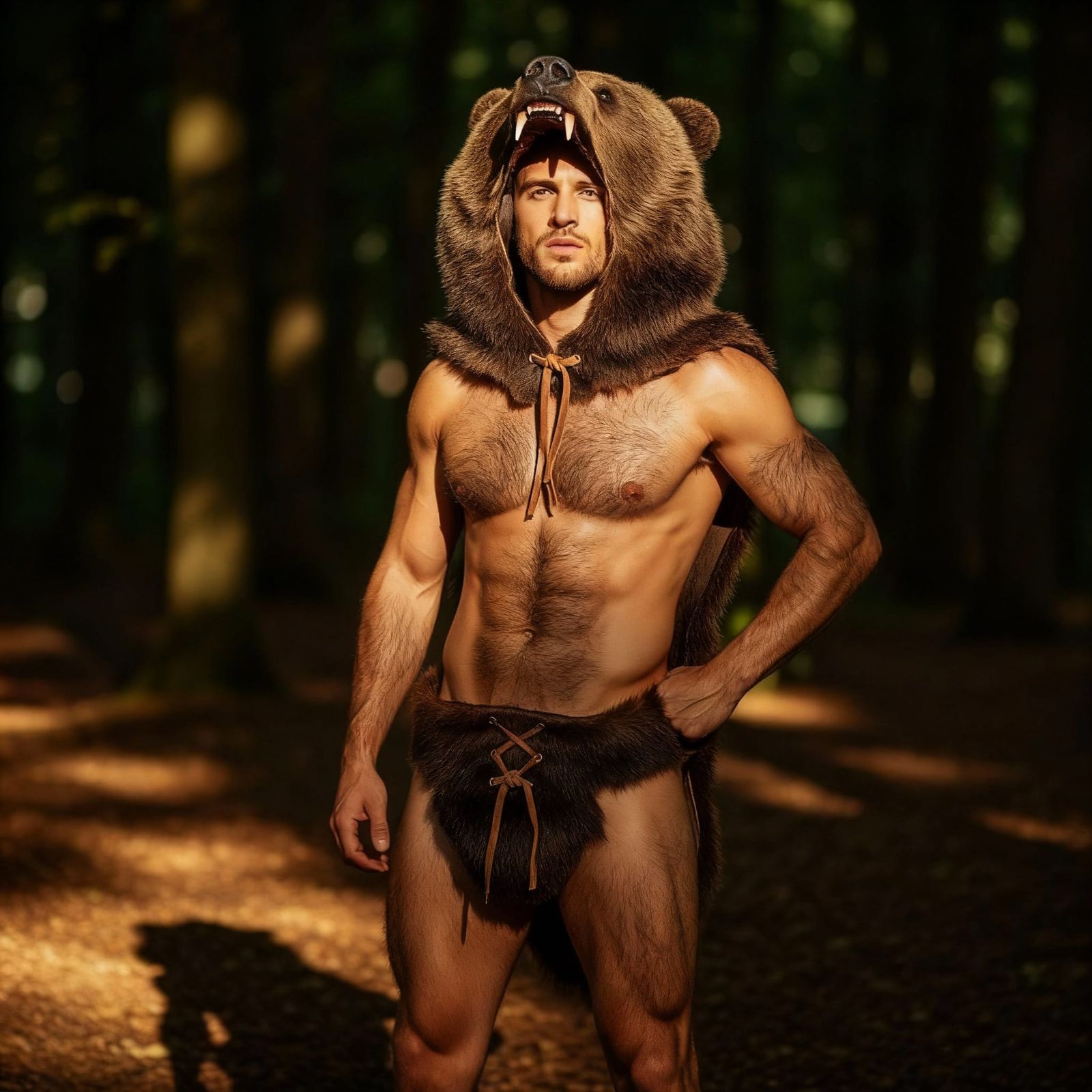 Muscular Man in Bear Skin Loincloth in Forest