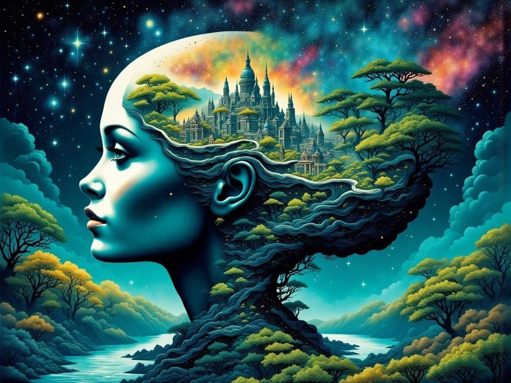 Alien Cityscape Head in Futuristic Style