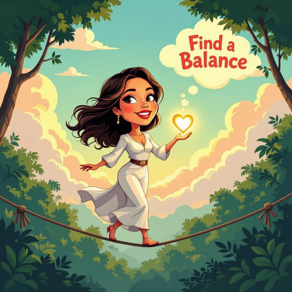 Whimsical Fable: Woman on Tightrope in Amazon Forest