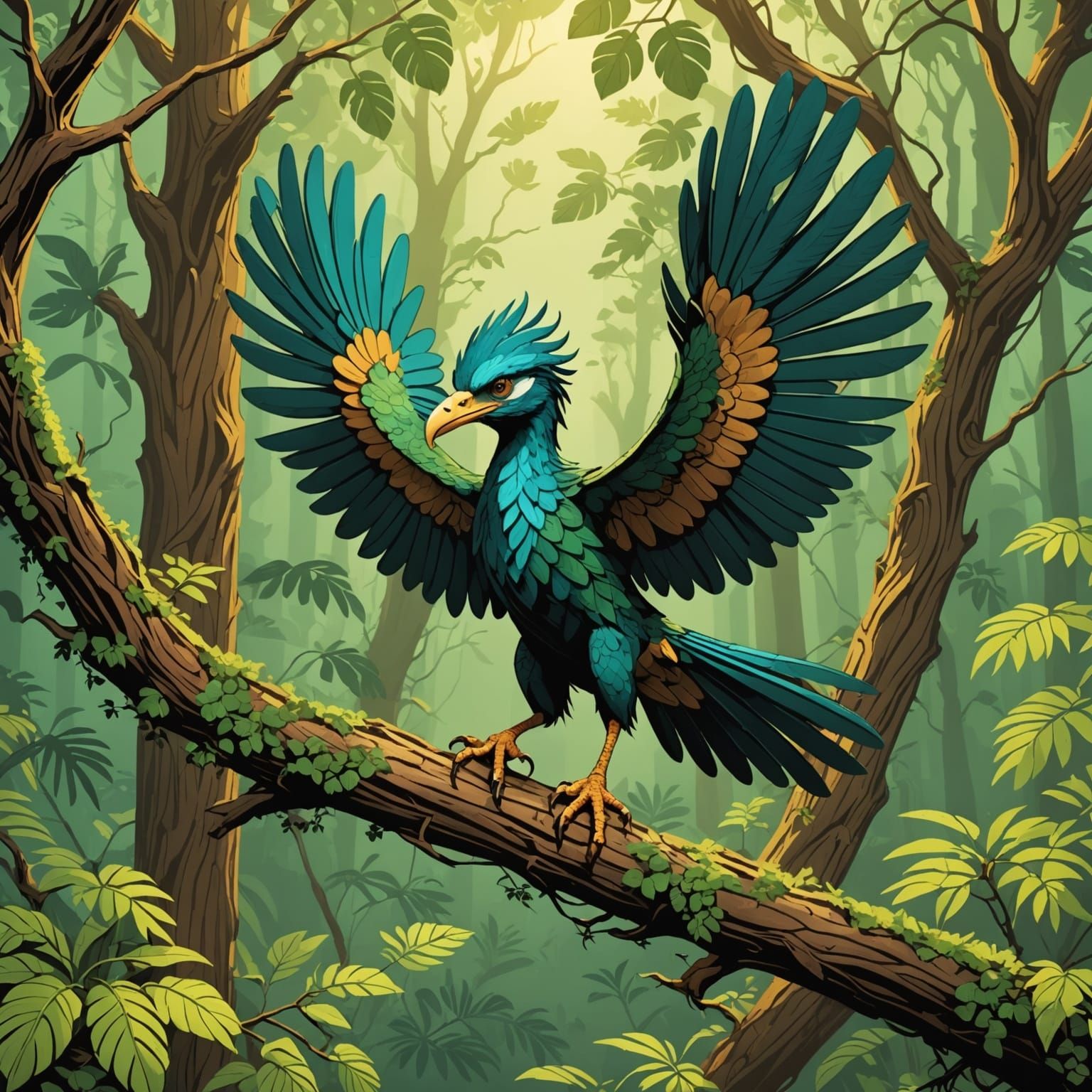 Archaeopteryx Leaping from Jurassic Branch, Audubon-Style Il...