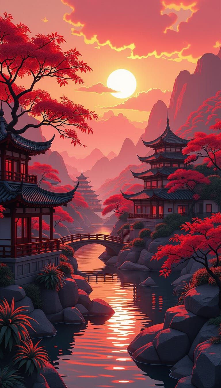 Crimson Landscape in 3D Anime Style