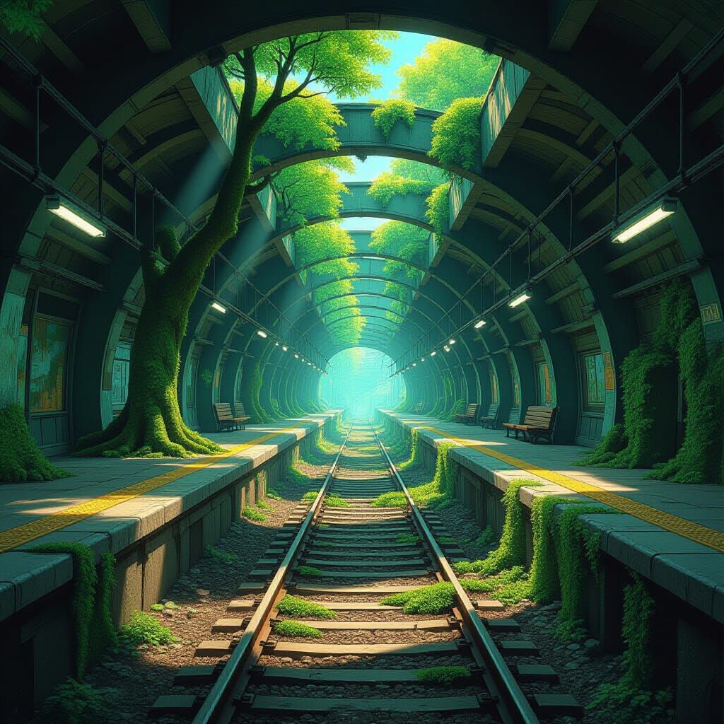 Reclaimed Subway Station: Nature's Serene, Eerie Embrace