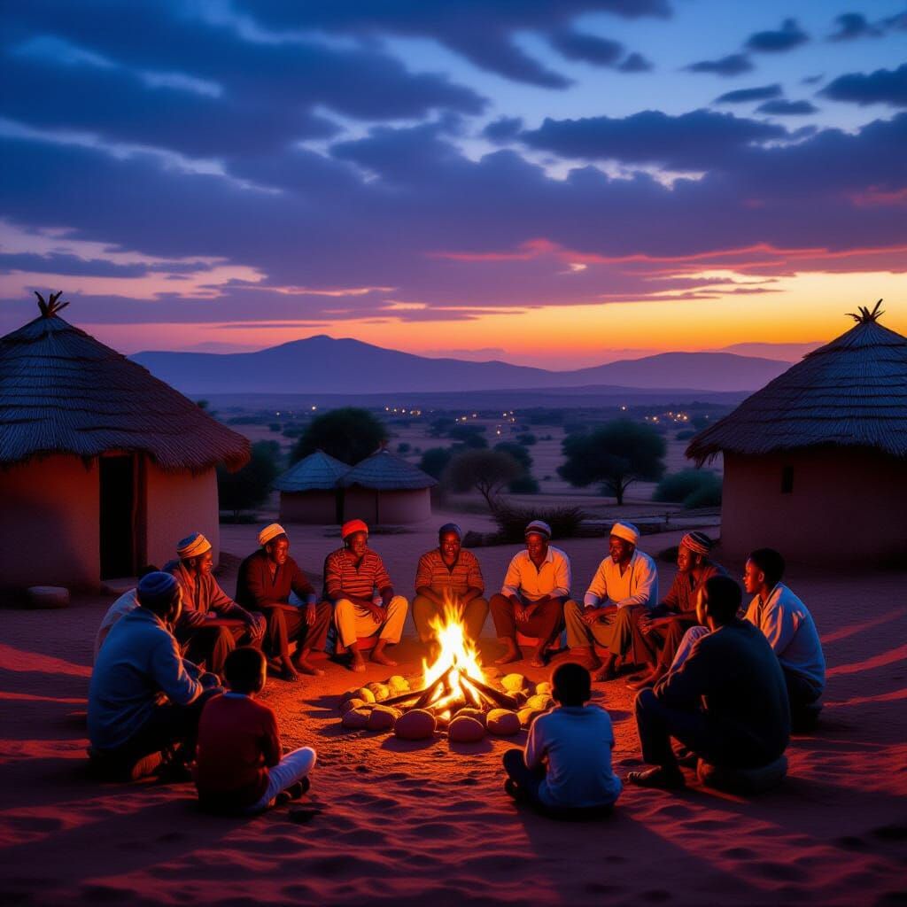 African Village at Dusk with Storytelling Around a Fire