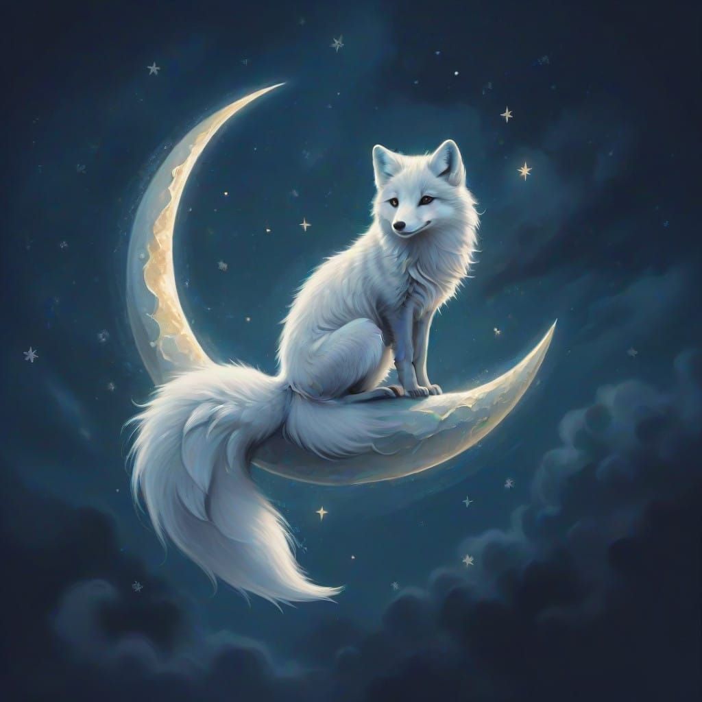 Enchanted Arctic Fox Rides Crescent Moon