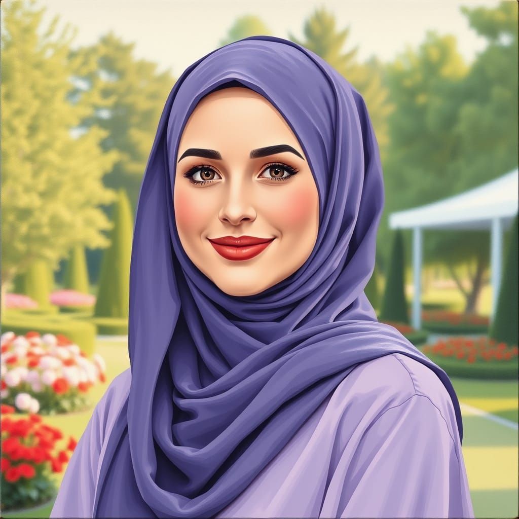 Minimalist Oil Painting of Elegant Hijabi Woman in Garden