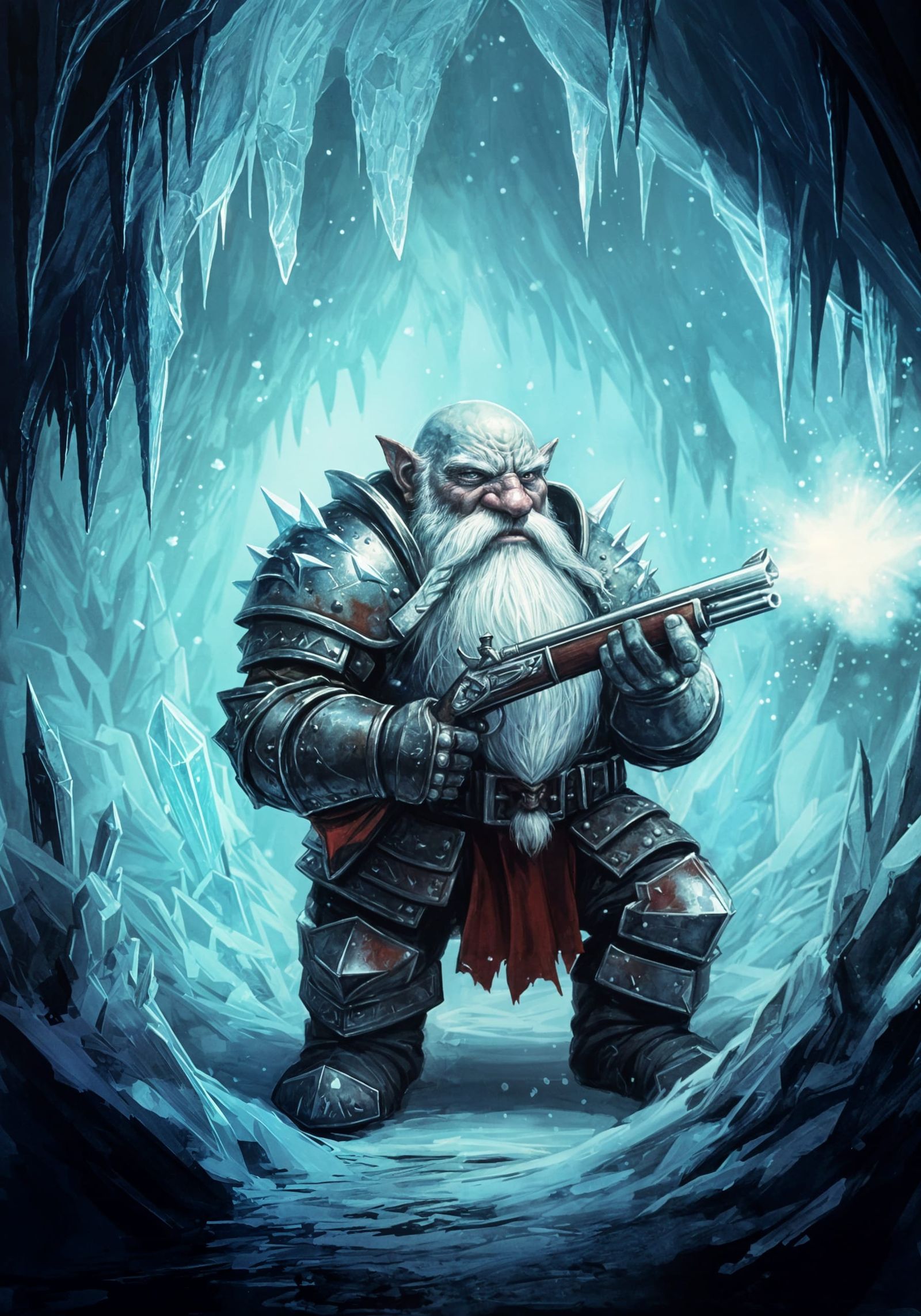 Dark Fantasy Dwarf Musketeer in Icy Armor