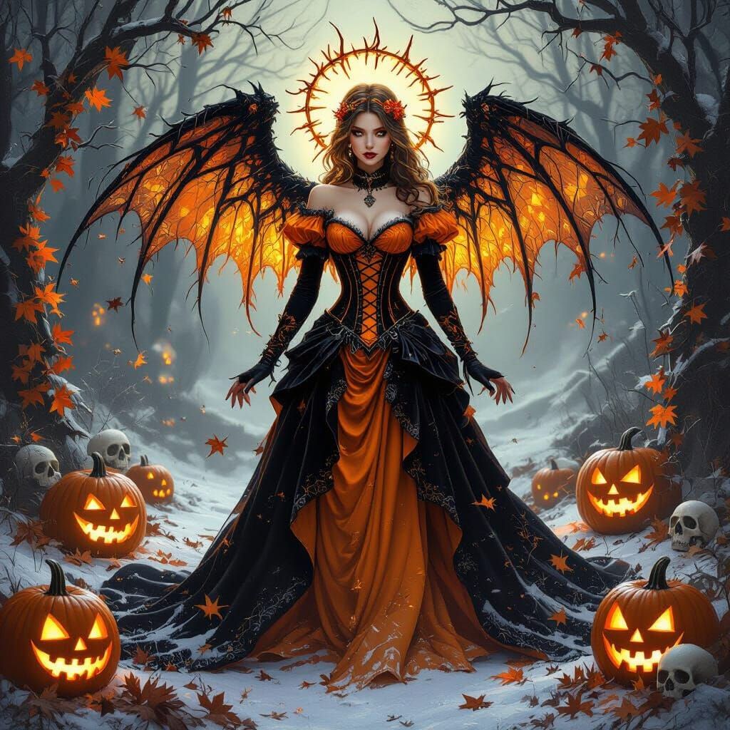 Gothic Halloween Angel Queen in Autumn Snow