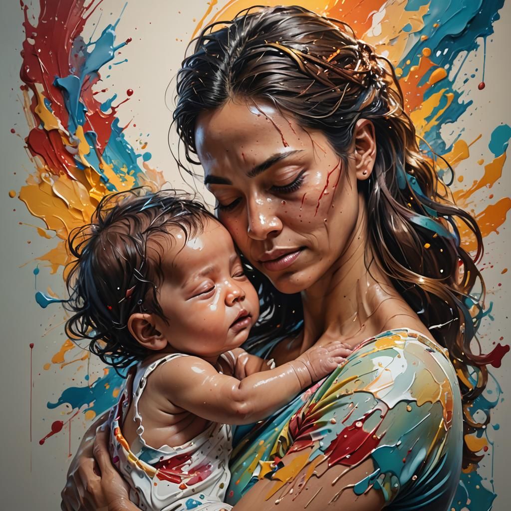 Mother and Newborn Baby Embrace in Hyperrealistic Style