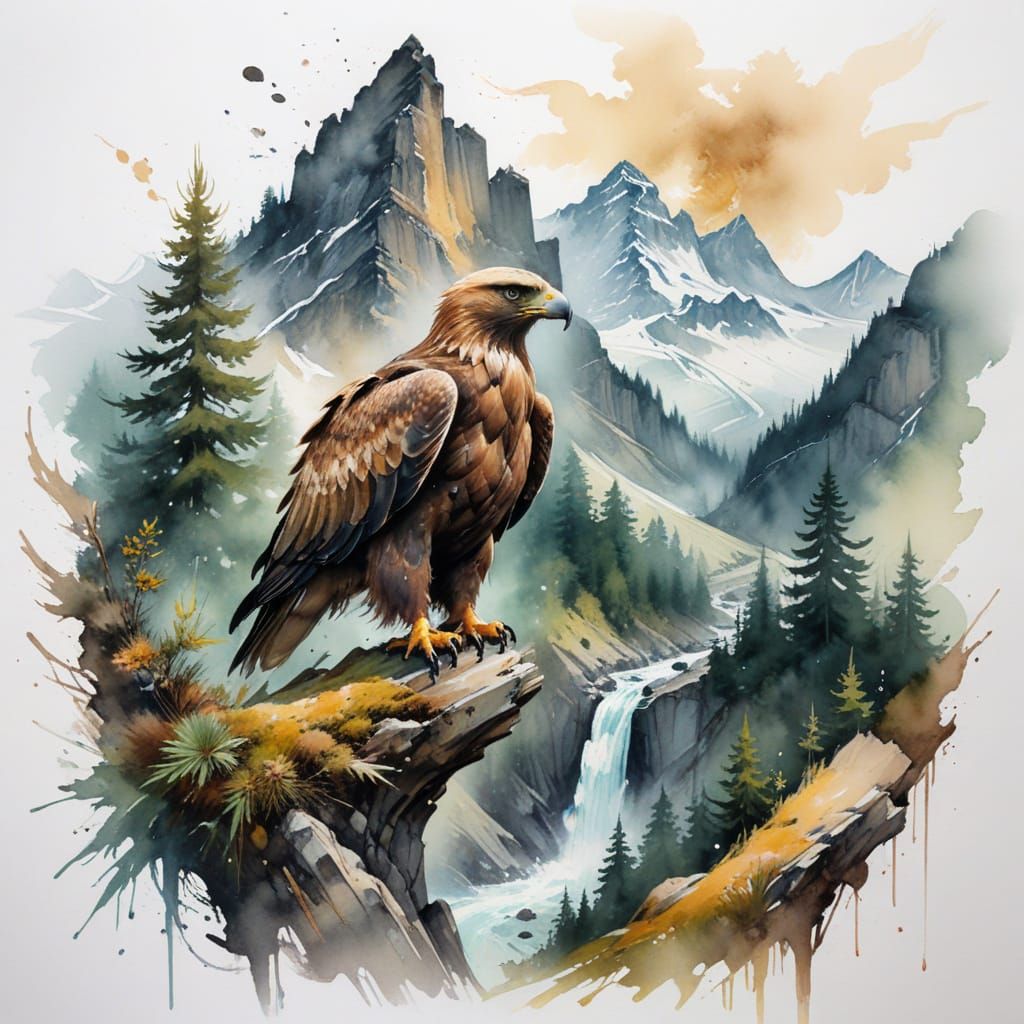 Ethereal Swiss Alps Scene with Golden Eagle