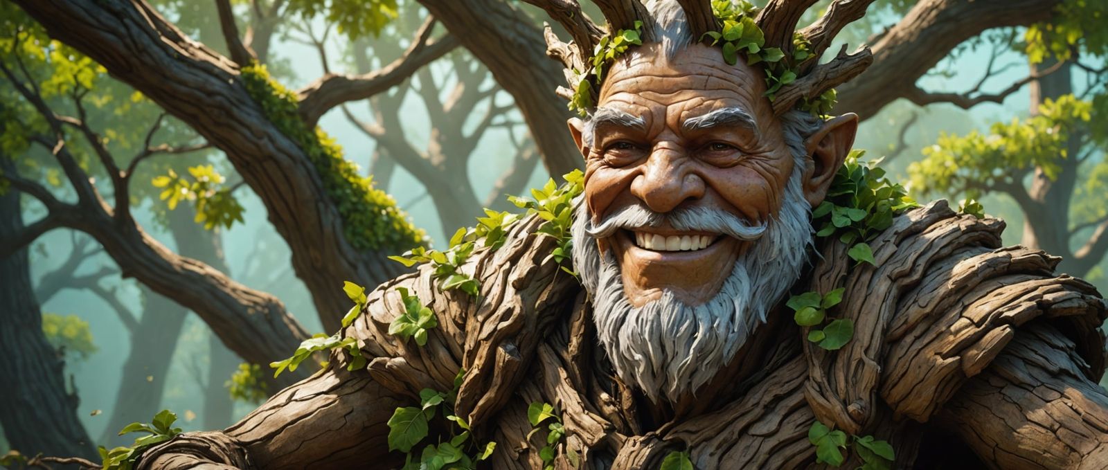 Smiling Grandfather Oak Treant in Hyperrealistic Style