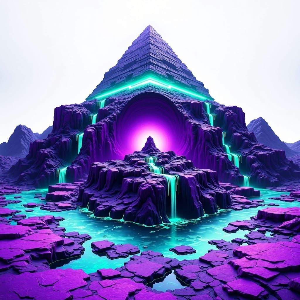 Vibrant Pyramid Amidst Frozen Desert Landscape in Neon and P...