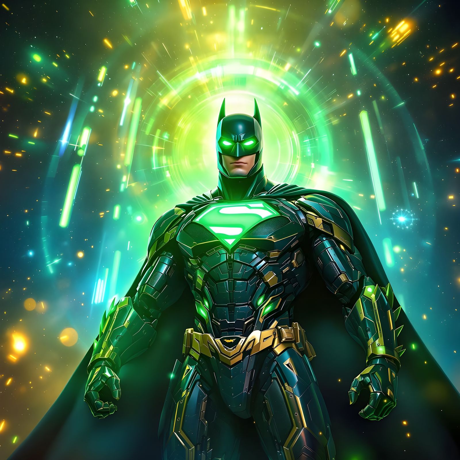 Cyberpunk Batman in Superman Exosuit, Surrounded by Vibrant....