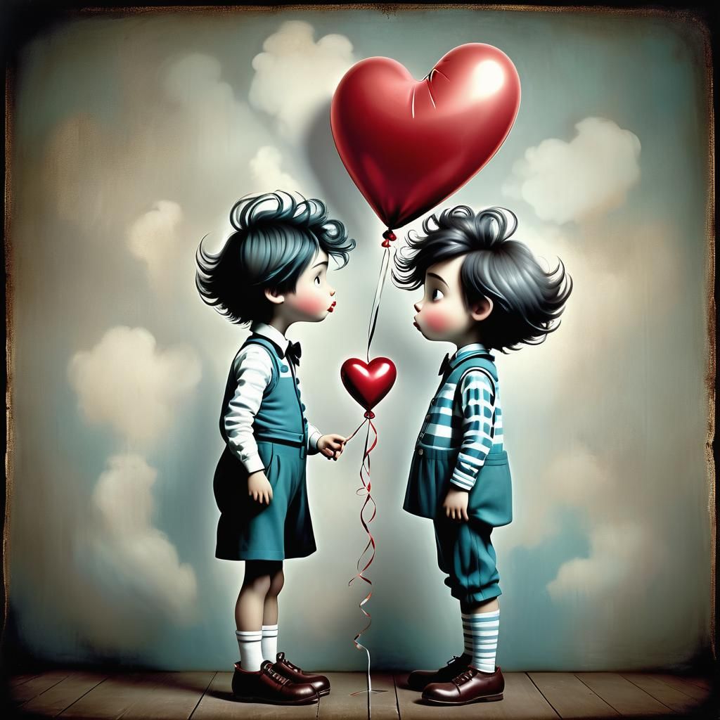 Boy Kisses Heart Balloon in Vintage Photo Style