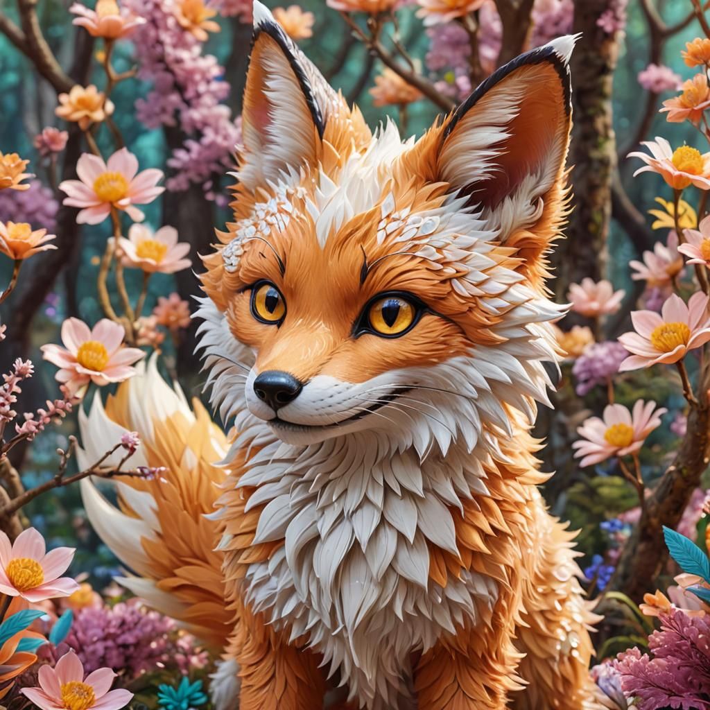 Fluffy Kitsune with Wings in Whimsical Land