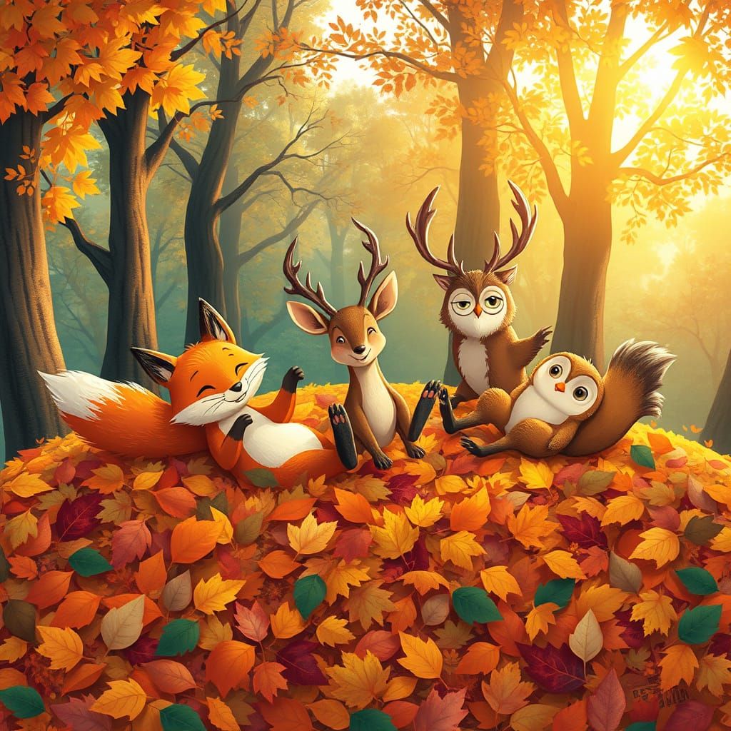 Woodland Friends Joyfully Roll in Autumn Leaves