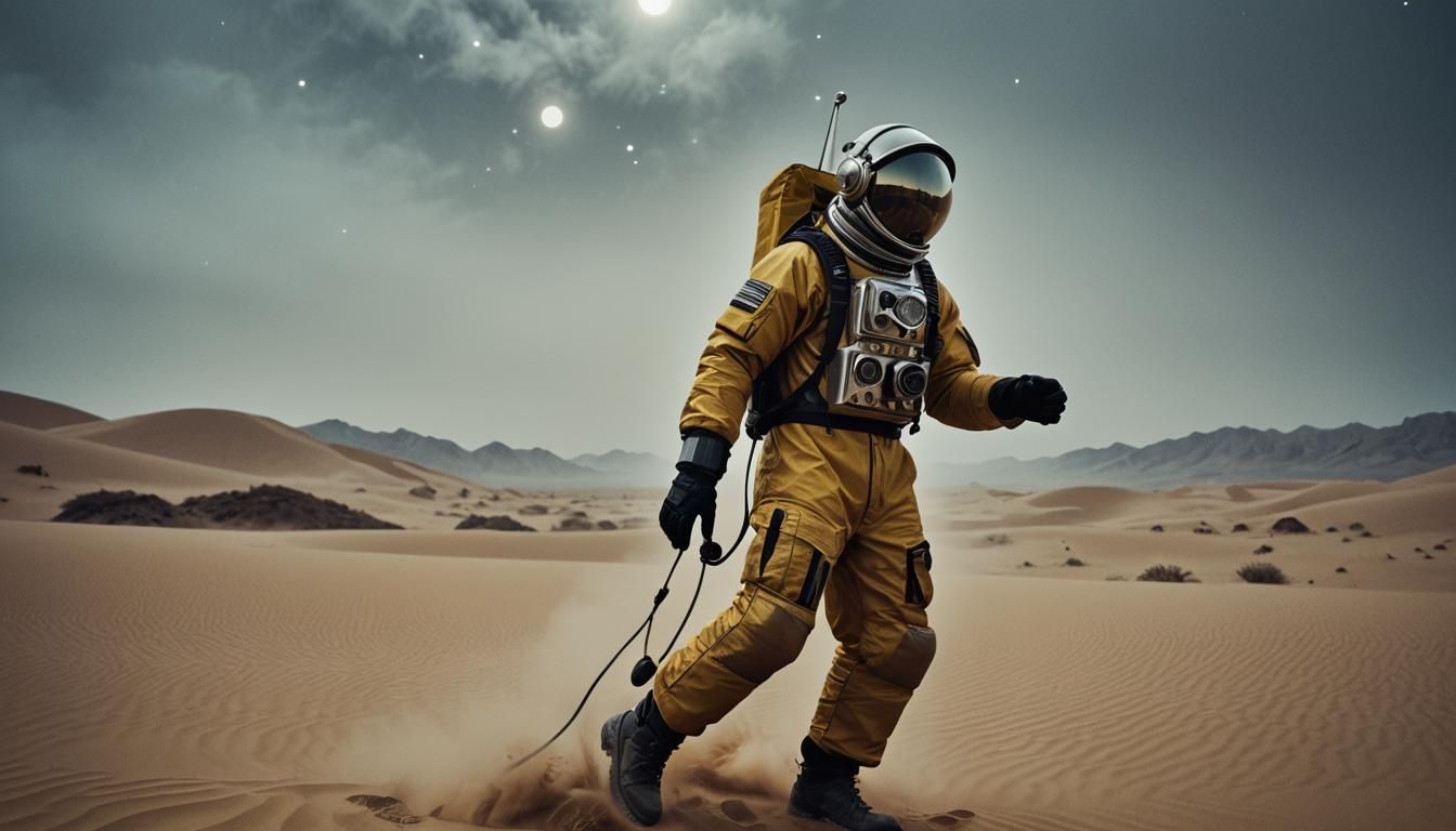 Retrofuturistic Portrait in Desert Dunes at Night