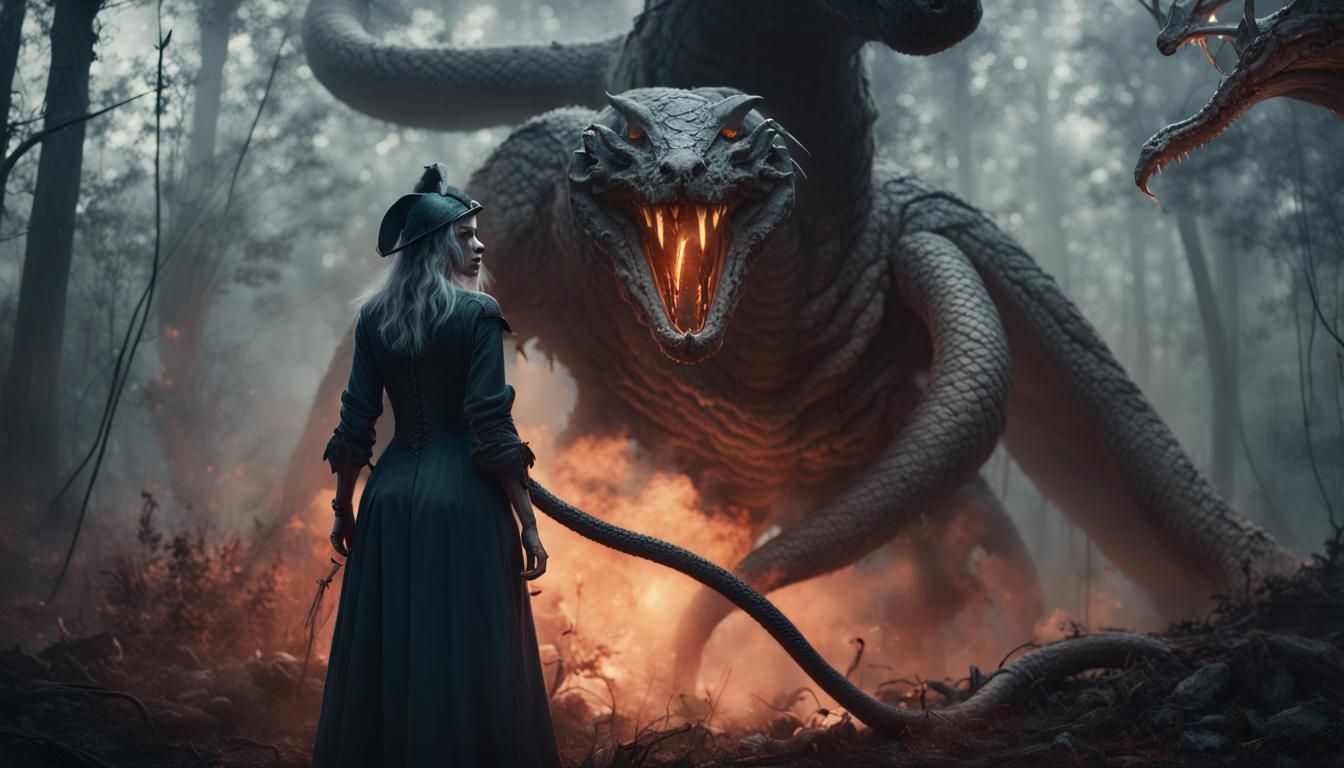 Snake-Headed Witch in War-Torn Forest: Fantasy Art