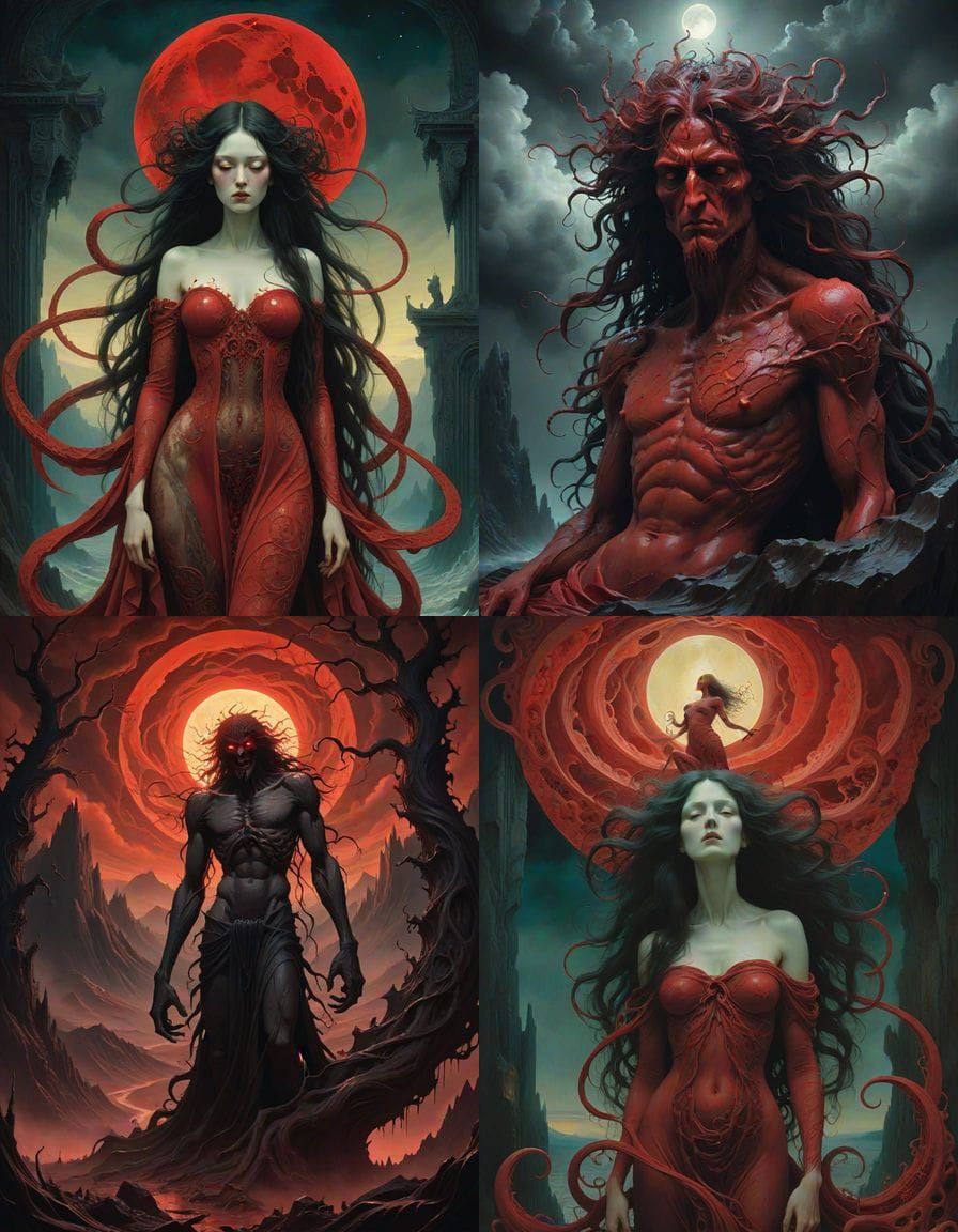 Grotesque Crimson Horror in a Dark, Moonlit Landscape