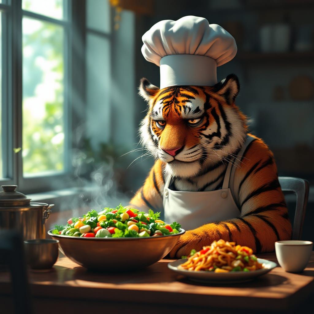 Sad Tiger Chef in Restaurant, Pixar Style