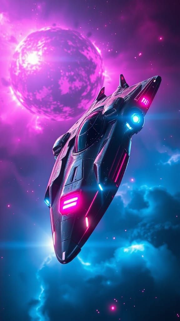 Cyberpunk Spaceship Soars Through Nebula in Cinematic Style