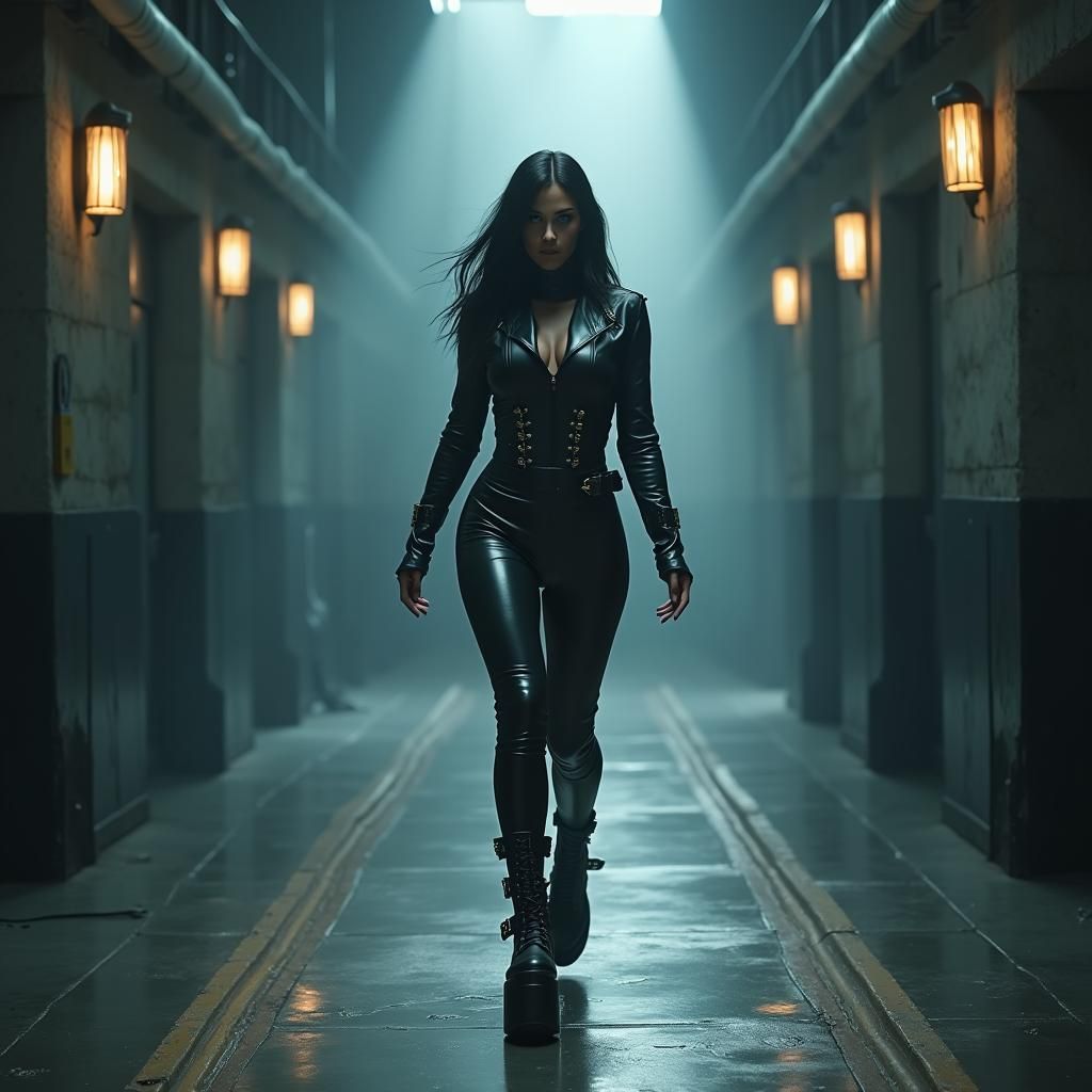 Leather-clad Woman in Prison Gym, Dark Fantasy Art