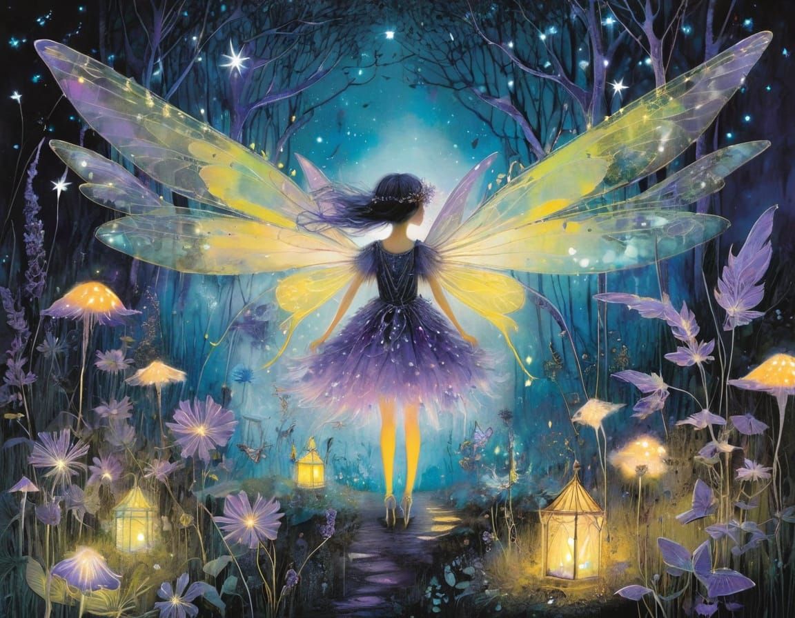 Neon Lavender Fairies in Magical Garden