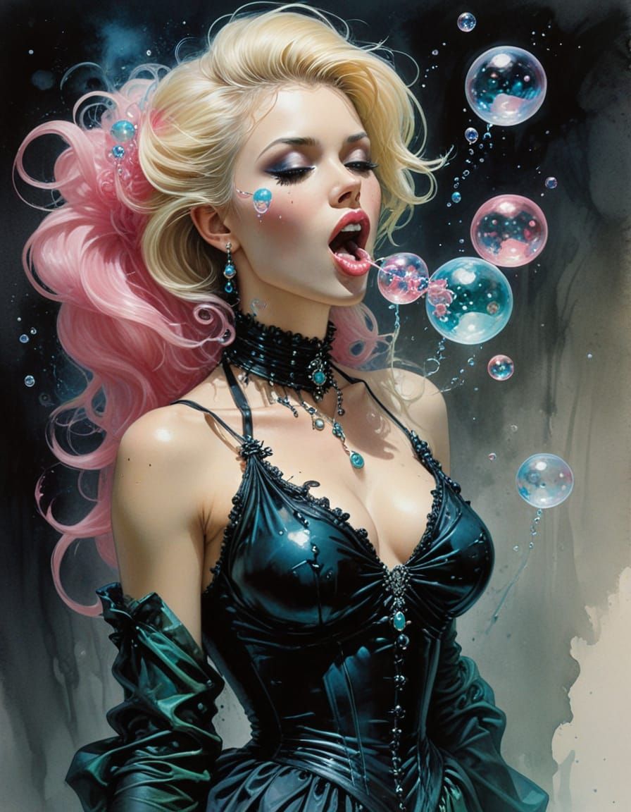 Gothic Princess Blows Pastel Bubbles in Elegant Watercolor S...