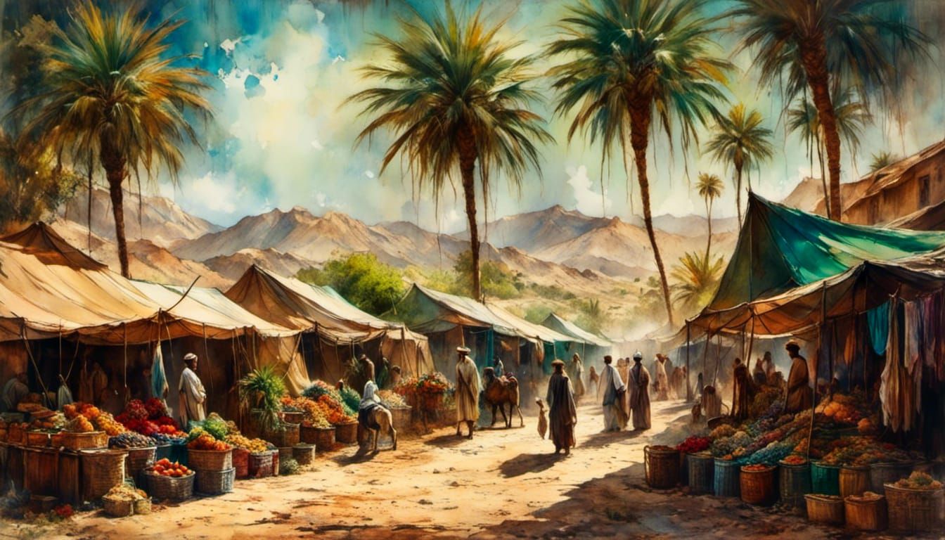 Bustling Desert Marketplace Inspired by Impressionism