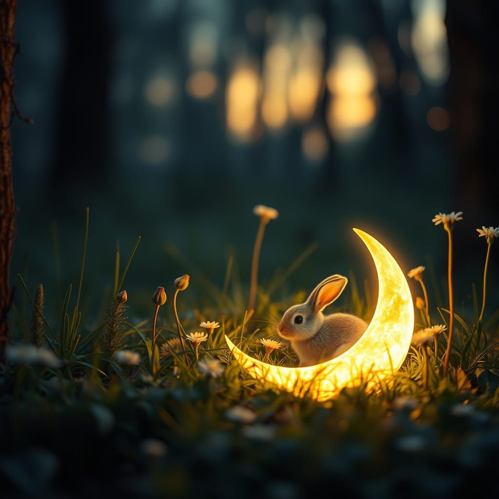 Surreal Fairy Tale Photo: Moonlit Forest with Micro Rabbit