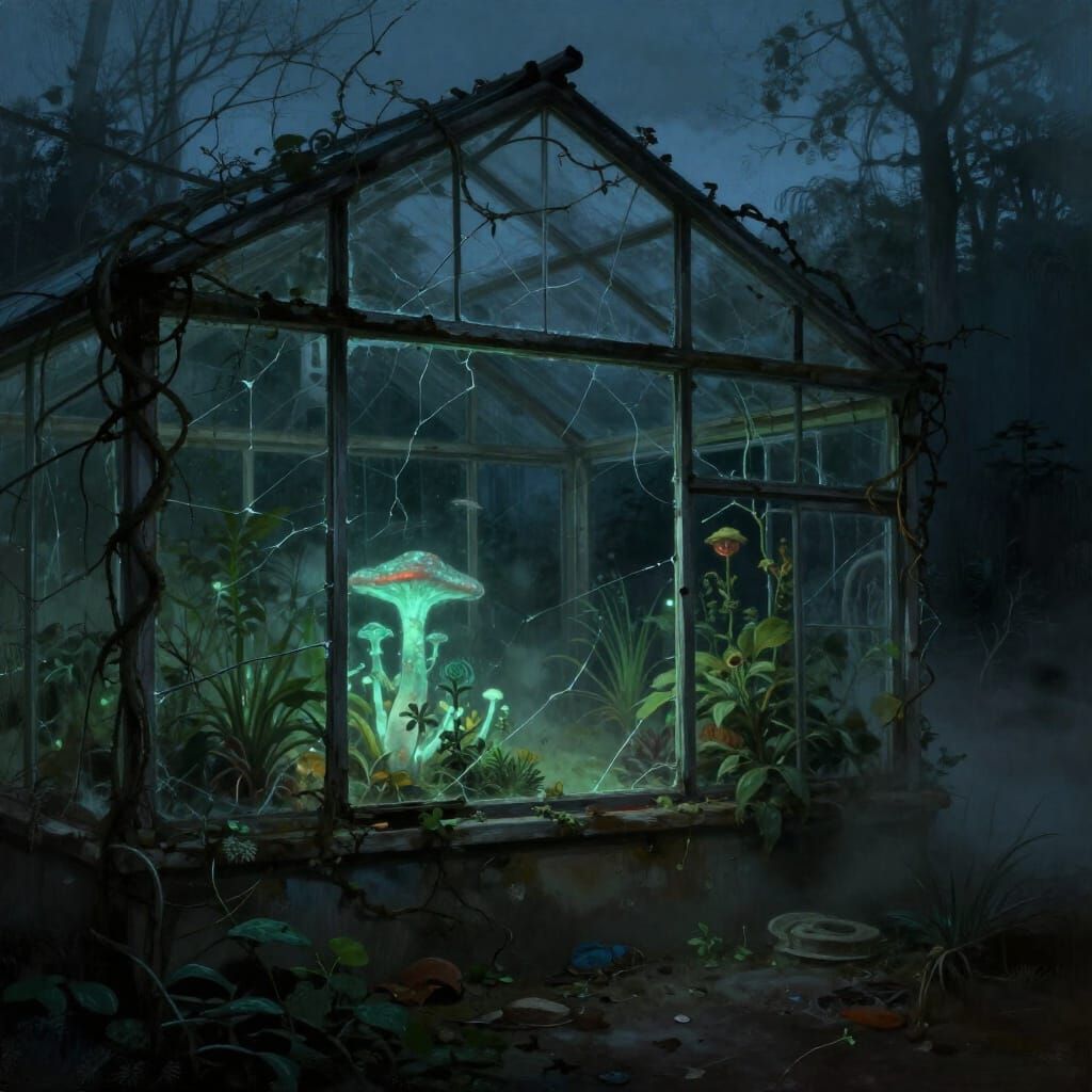 Eerie Greenhouse with Bioluminescent Fungi and Decay
