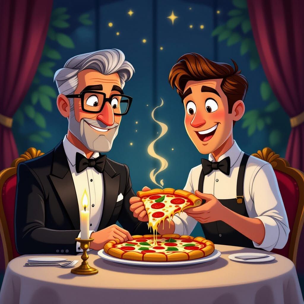 Cartoon of Man Enjoying Pizza, in Keane Style