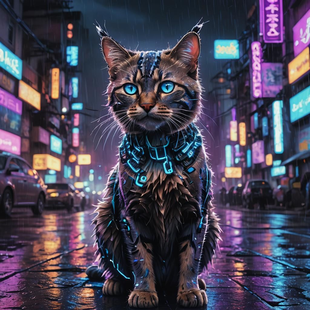 Cyberpunk Cat Portrait with Glowing Circuits