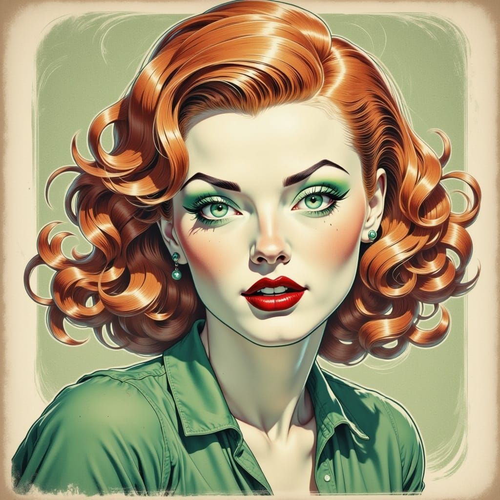 1950s Redhead Portrait in Retro Block Print Style