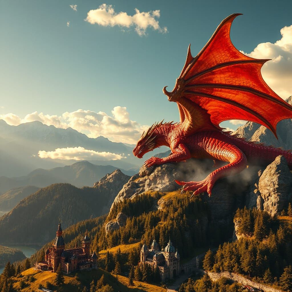 Colossal Red Dragon Sleeping Across Mountains at Sunset
