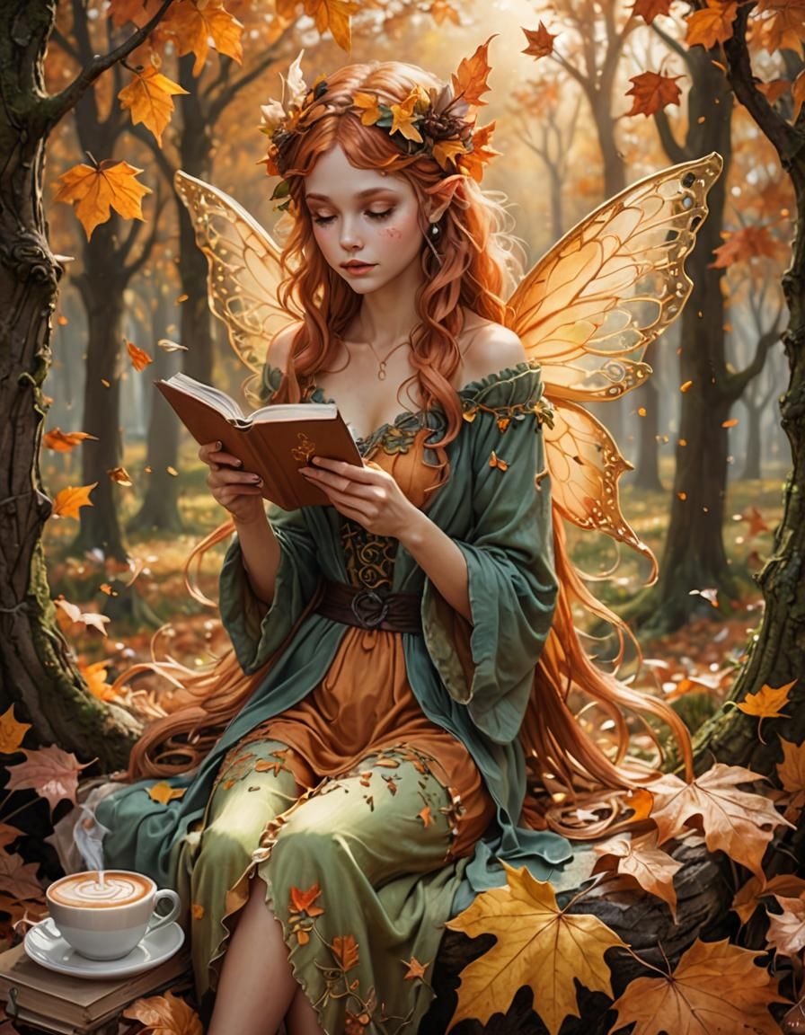 Autumn Fairy Reading About Humans With Latte
